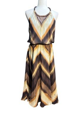 Banana Republic 100% Silk Halter Maxi Dress Chevron Brown Gold Size 10